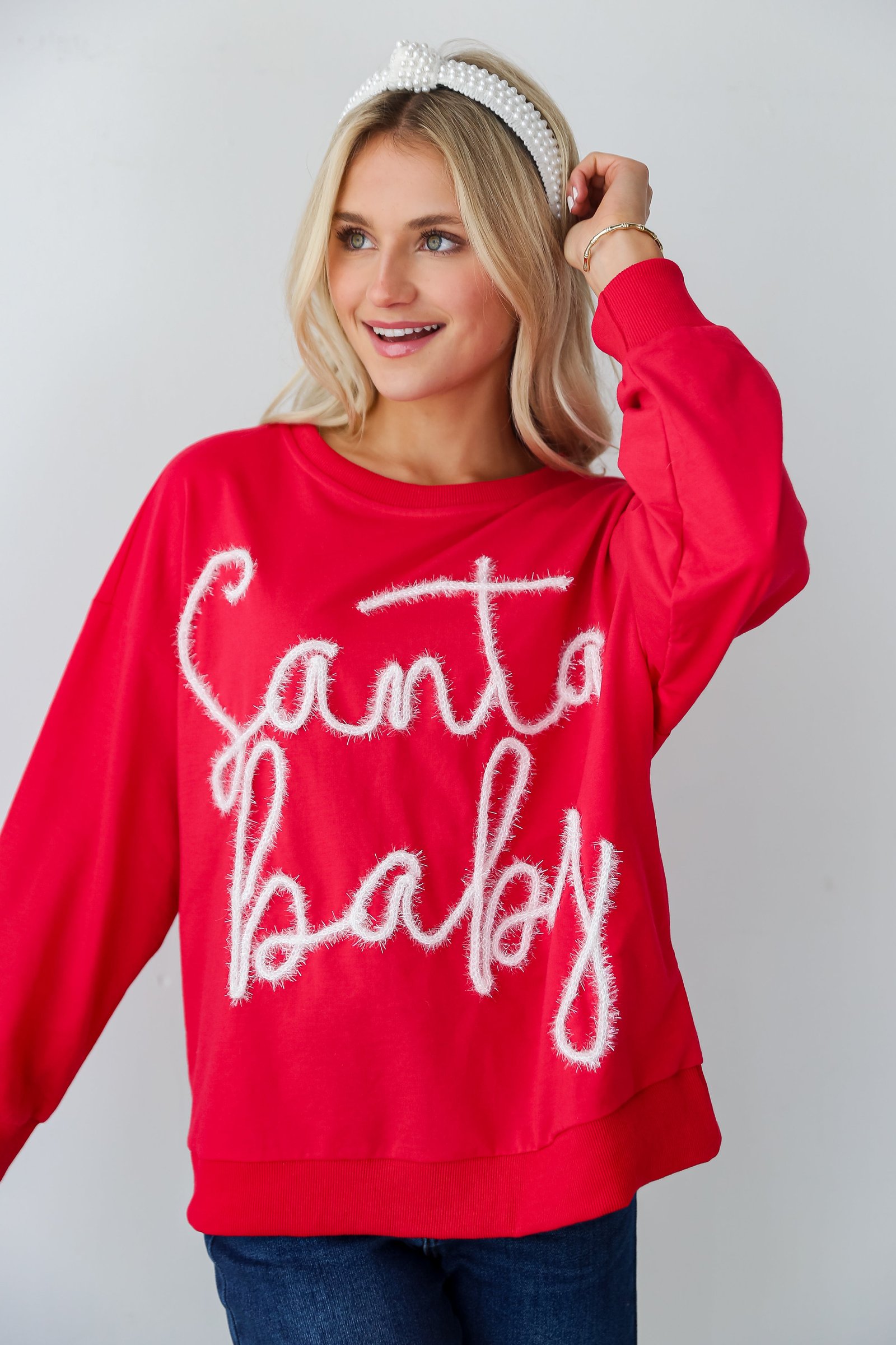 Red Santa Baby Metallic Letter Pullover