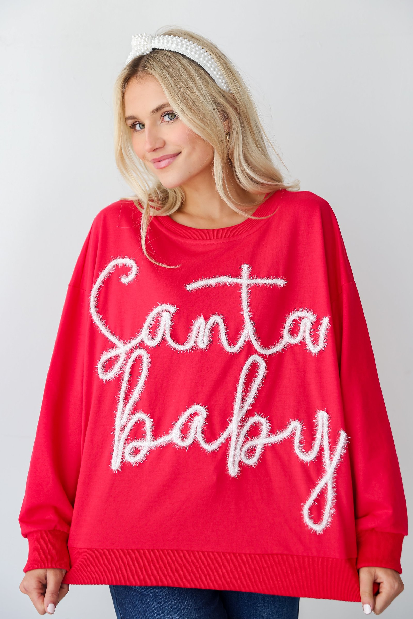 Red Santa Baby Metallic Letter Pullover