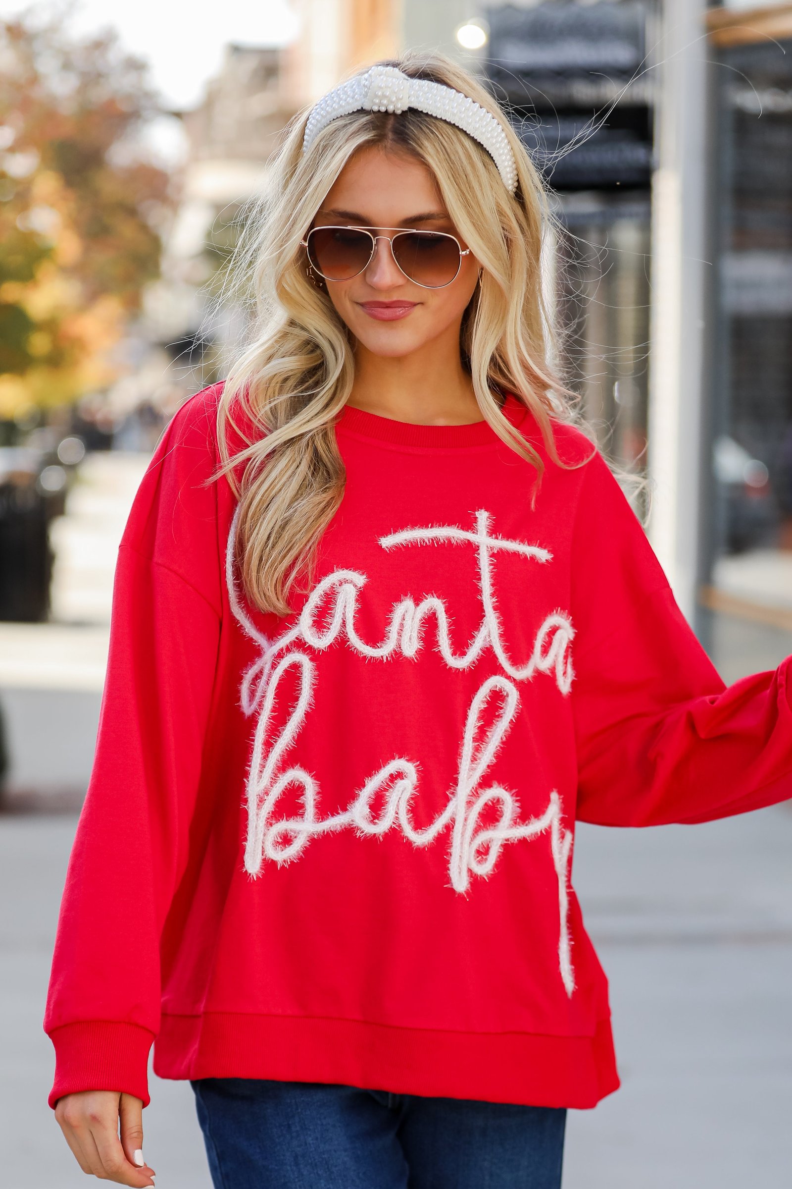 Red Santa Baby Metallic Letter Pullover