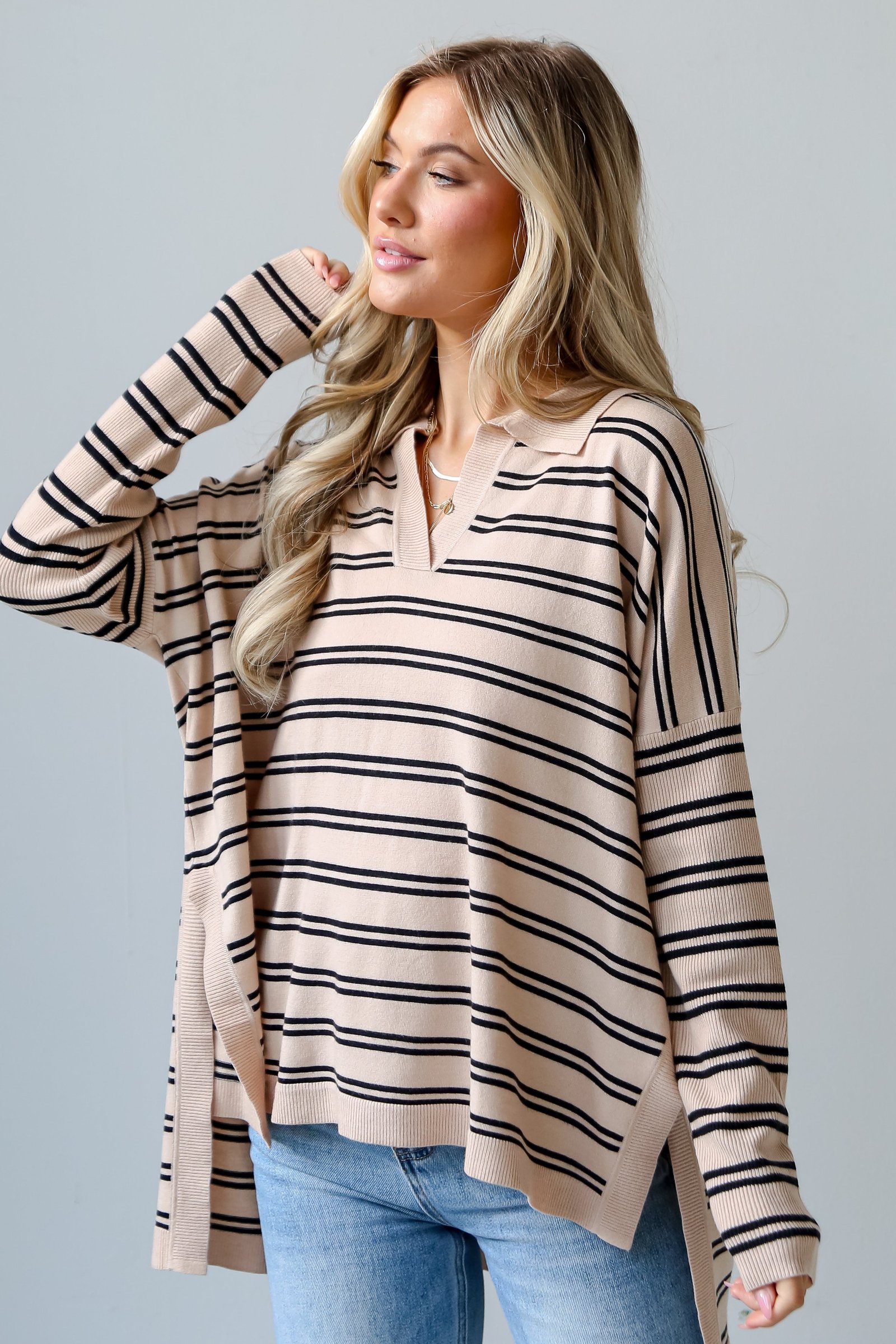 Cuddly Couture Taupe Striped Collared Knit Top