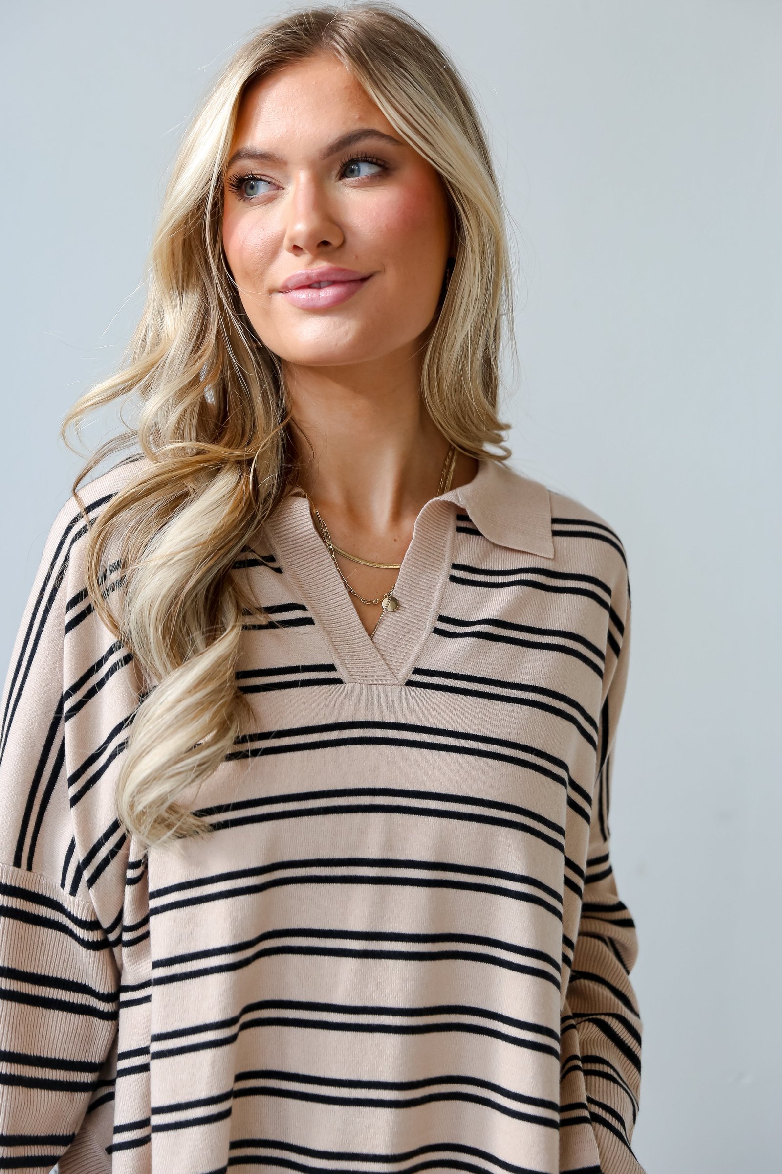 Cuddly Couture Taupe Striped Collared Knit Top